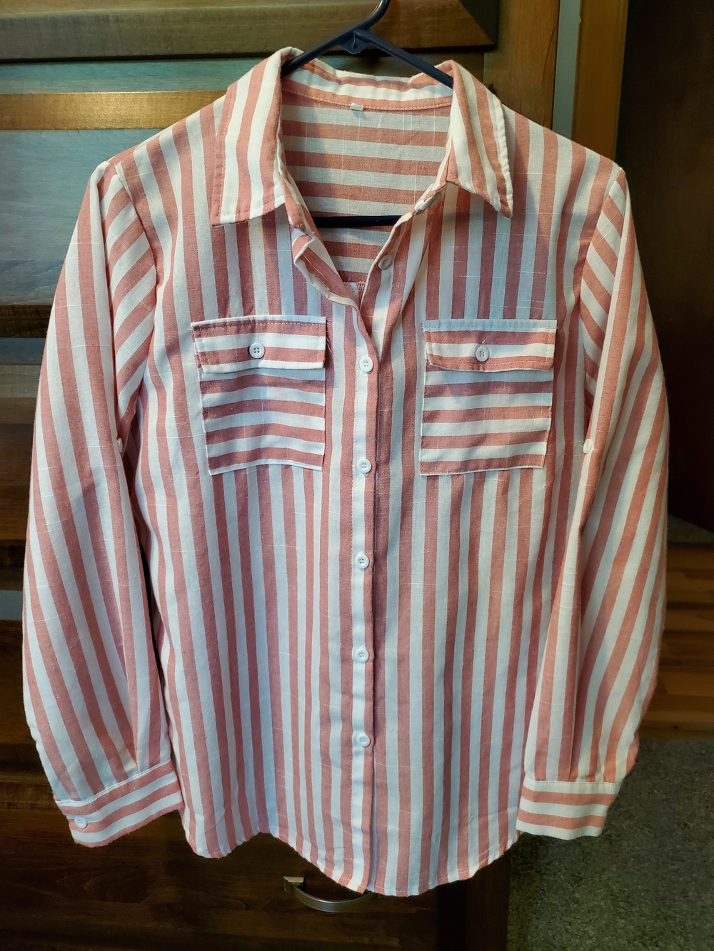 Striped Light Red & White Button-Up Shirt